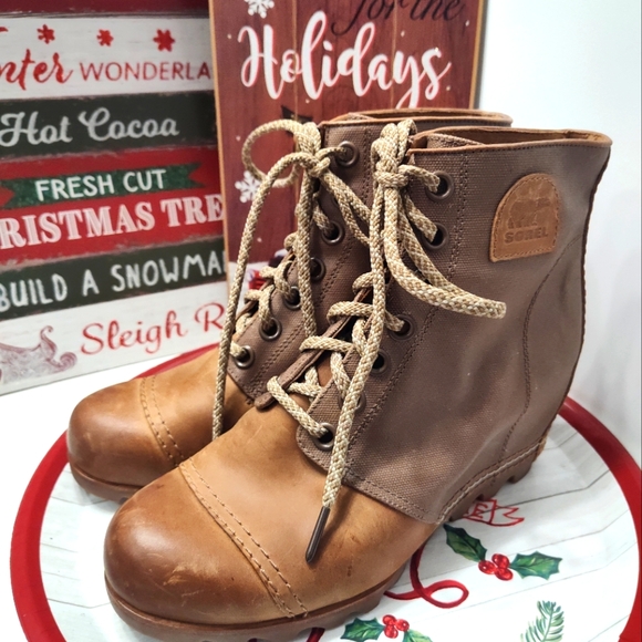 💕EUC Sorel Brand Premium Moto PDX Leather Lace Up Wedge Ankle Boots, Came, 10 - Picture 5 of 16
